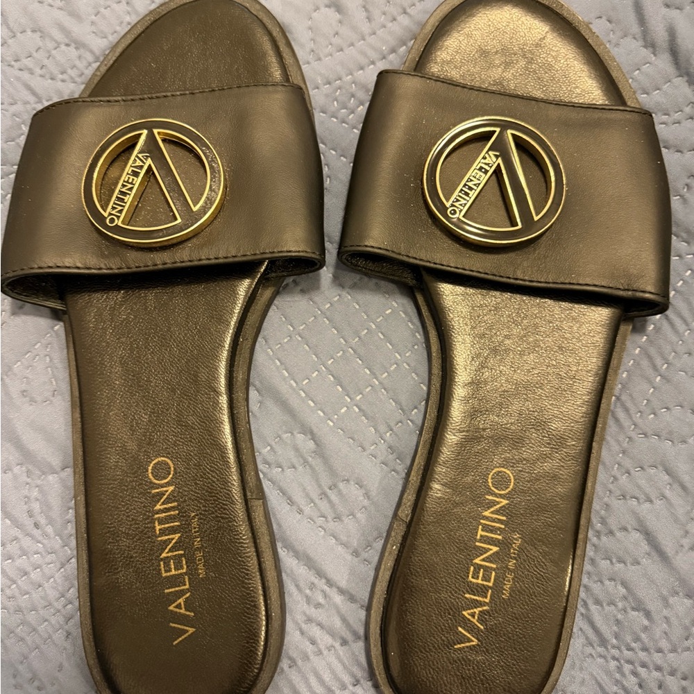 Valentino Women's Gold and Black Slide Sandals